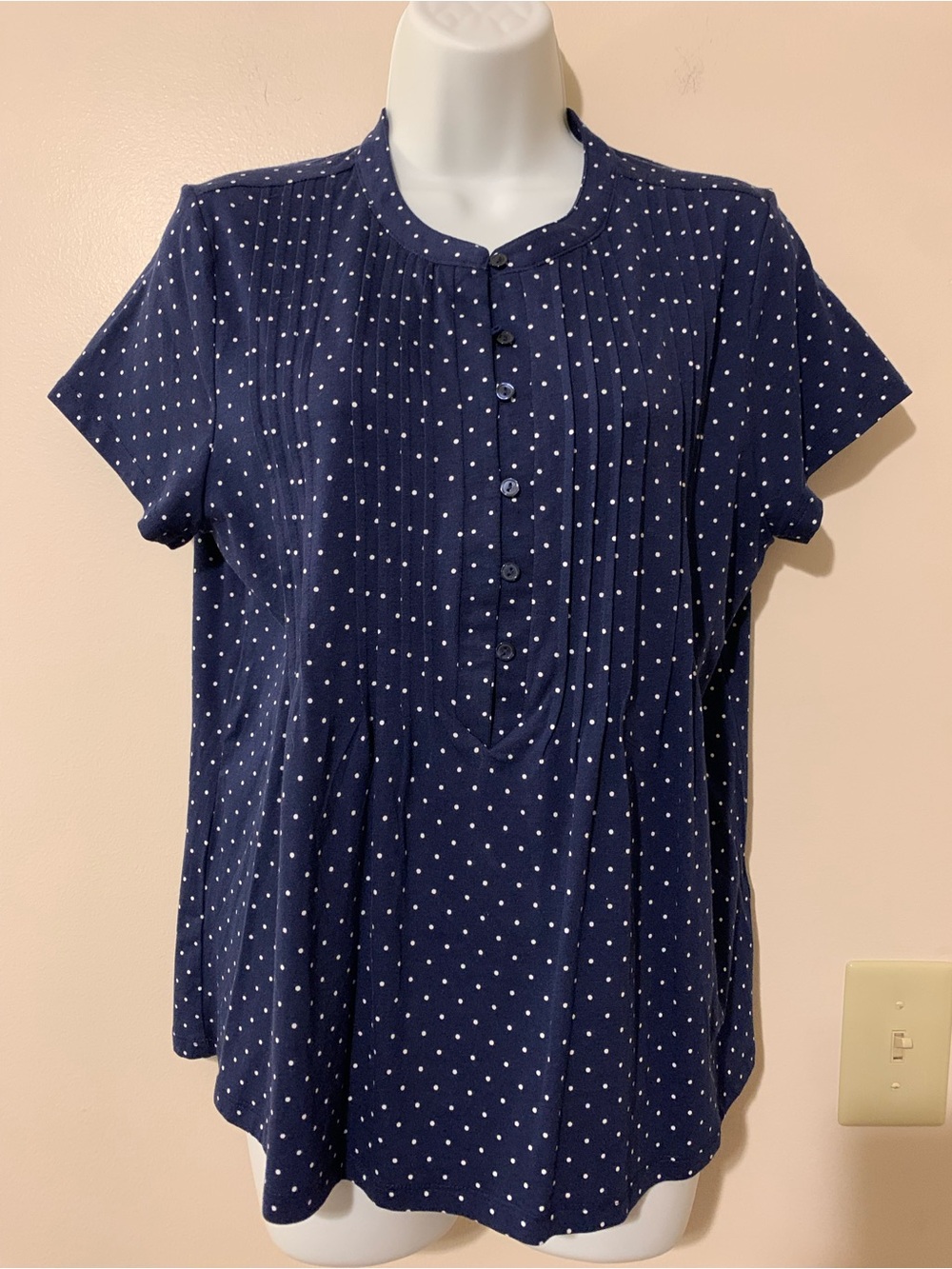 Lands' End Navy Polka Dot Short Sleeve Pintuck Blouse
